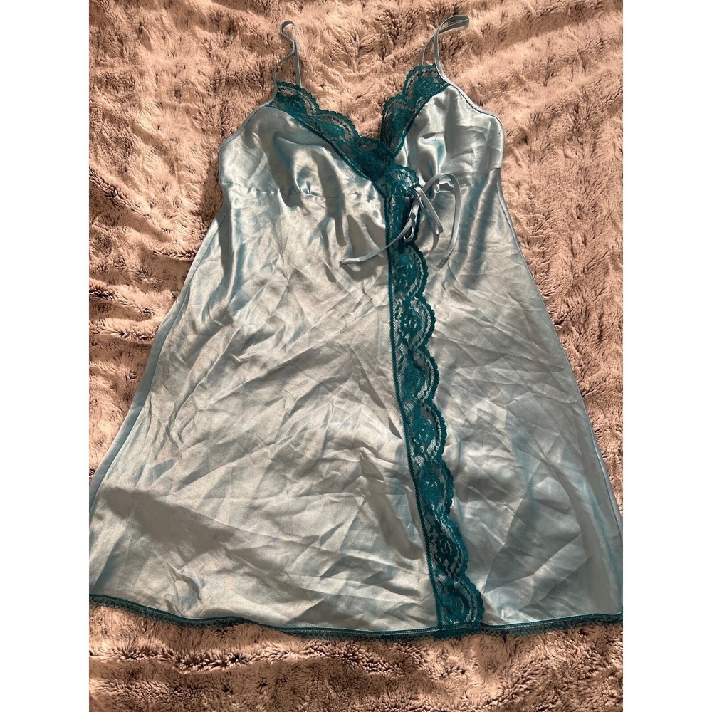 VTG‎ Victorias Secret Angels Baby Doll Chemise Light Blue Lace Trim Tie Front  S
